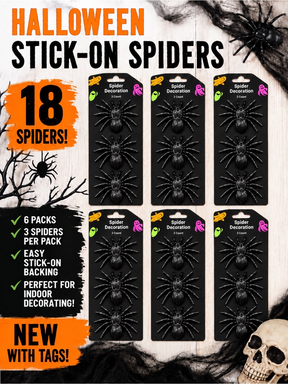 Halloween Black Spider Decorations Bundle 18 Stick-On Spiders NWT